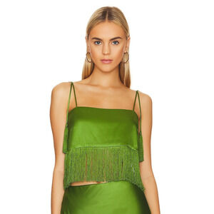 NWOT Cinq a Sept Klara silk green fringe tassel cropped top XL $295